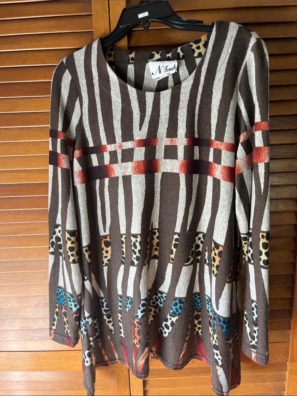 N Touch Brown & Cream Striped Long Sleeve Top with Red and Teal Accents Size L